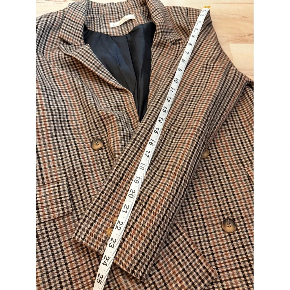 Womens Plaid Blazer Jacket Double Breasted Brown Tan Black Classic Fall Style - Picture 6 of 9